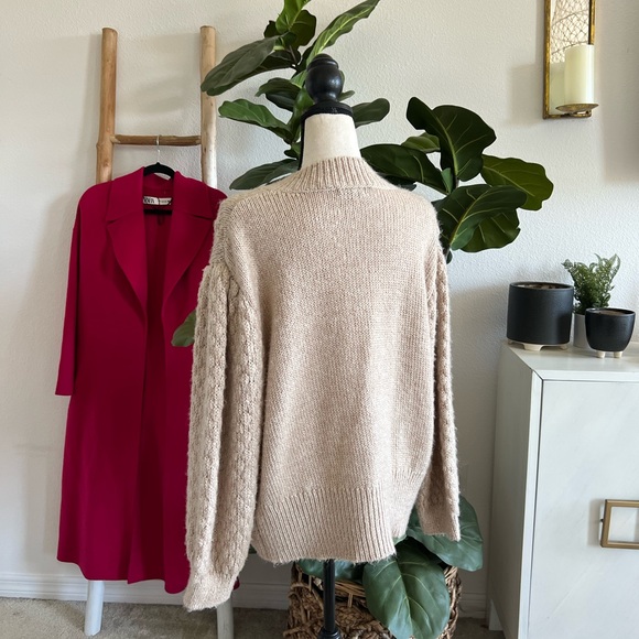 SOLD Who What Wear Wool Cardigan Button Down Pom Pom Knit Tan Heather Sweater - Picture 5 of 7